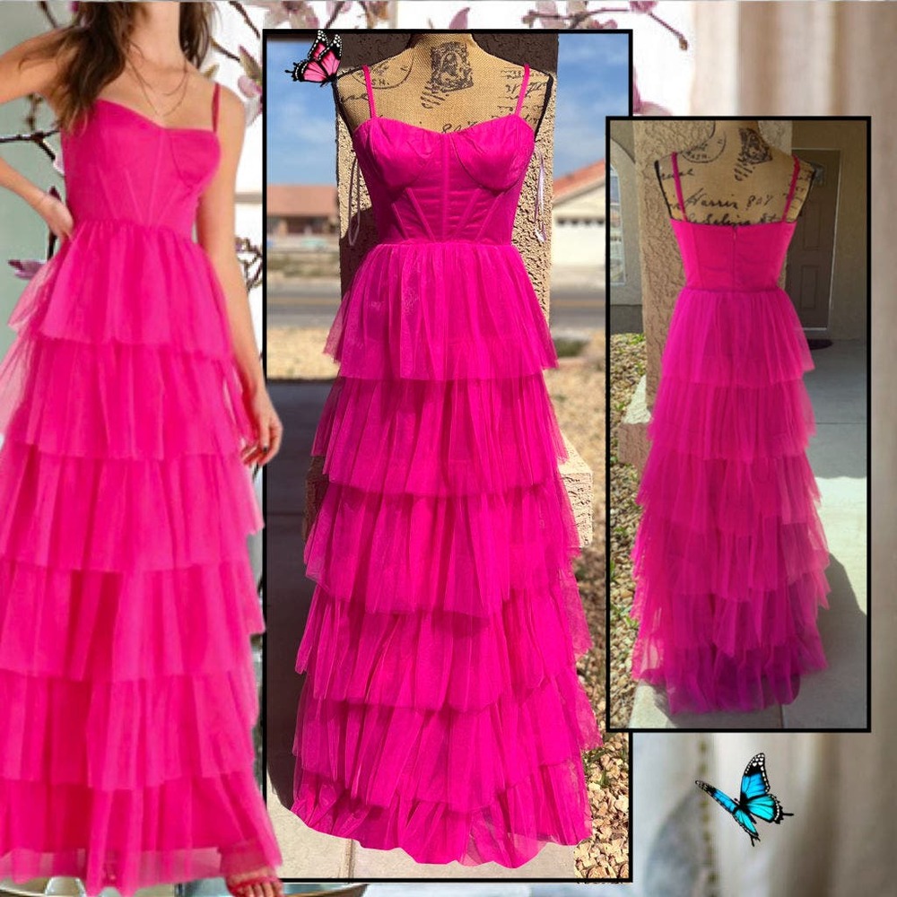 Lulu's Hot Pink Tulle Bustier Tiered Rule the Runway Tiered Maxi Dress Size S